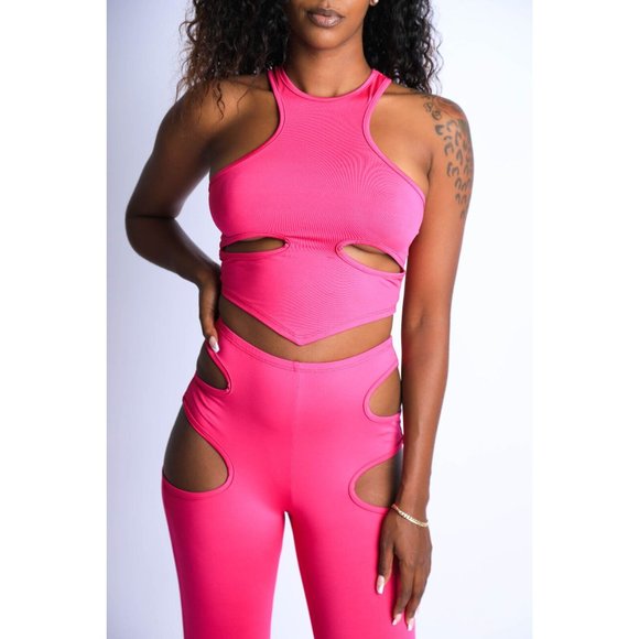 Women's Sexy Cut-Out Detailed Halter Crop Top & Matching Leggings Set Club Party - Picture 2 of 12